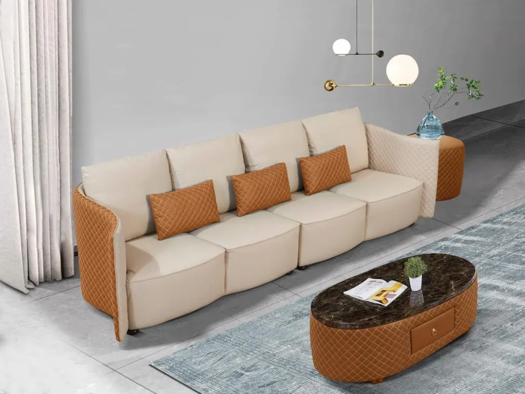 Luxury Italian Leather Oversize Sofa Beige & Orange - MAKASSAR EUROPEAN FURNITURE