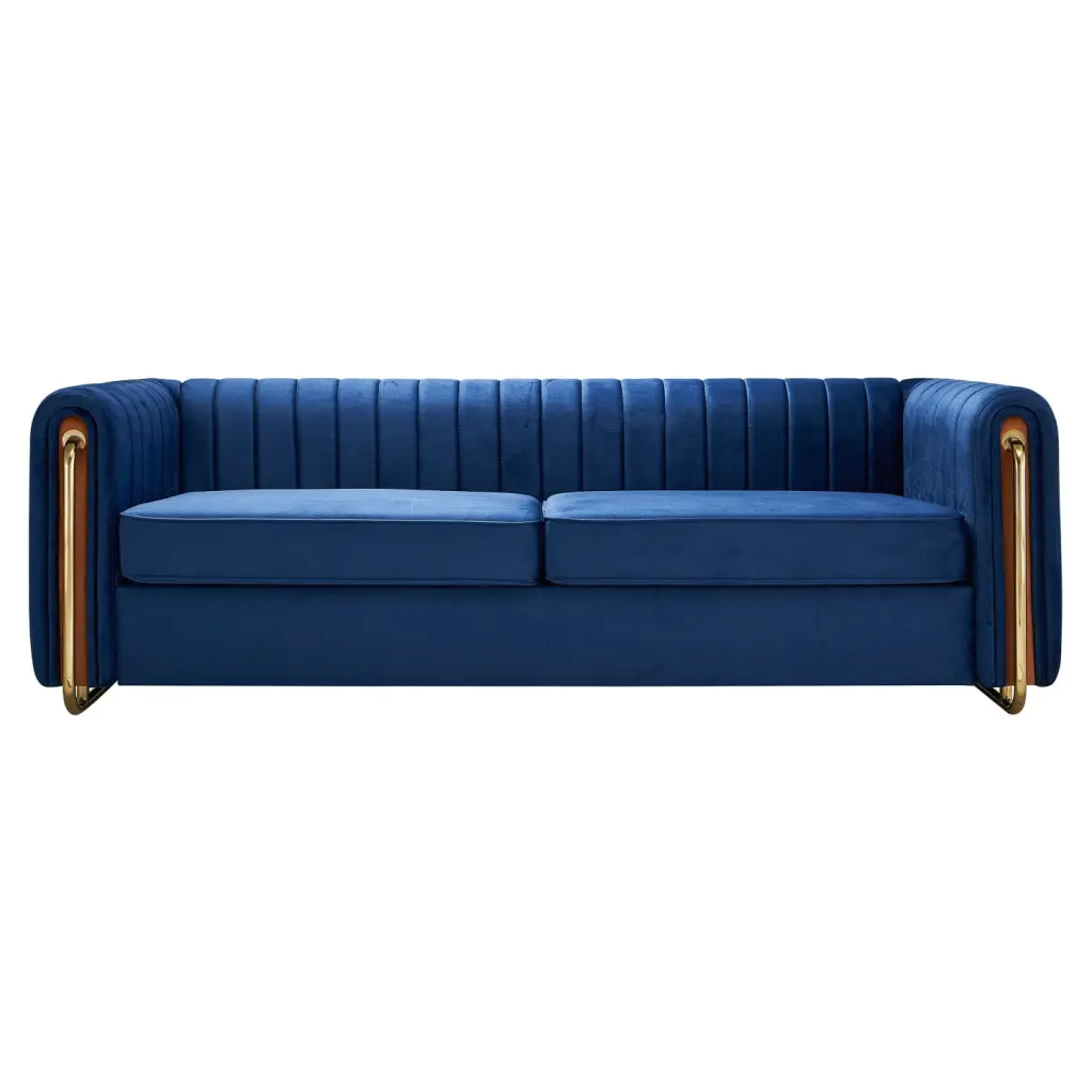 Contemporary Blue Velvet Sofa 84.25 Inch Gold Legs Channel Tufting HATNOKIL