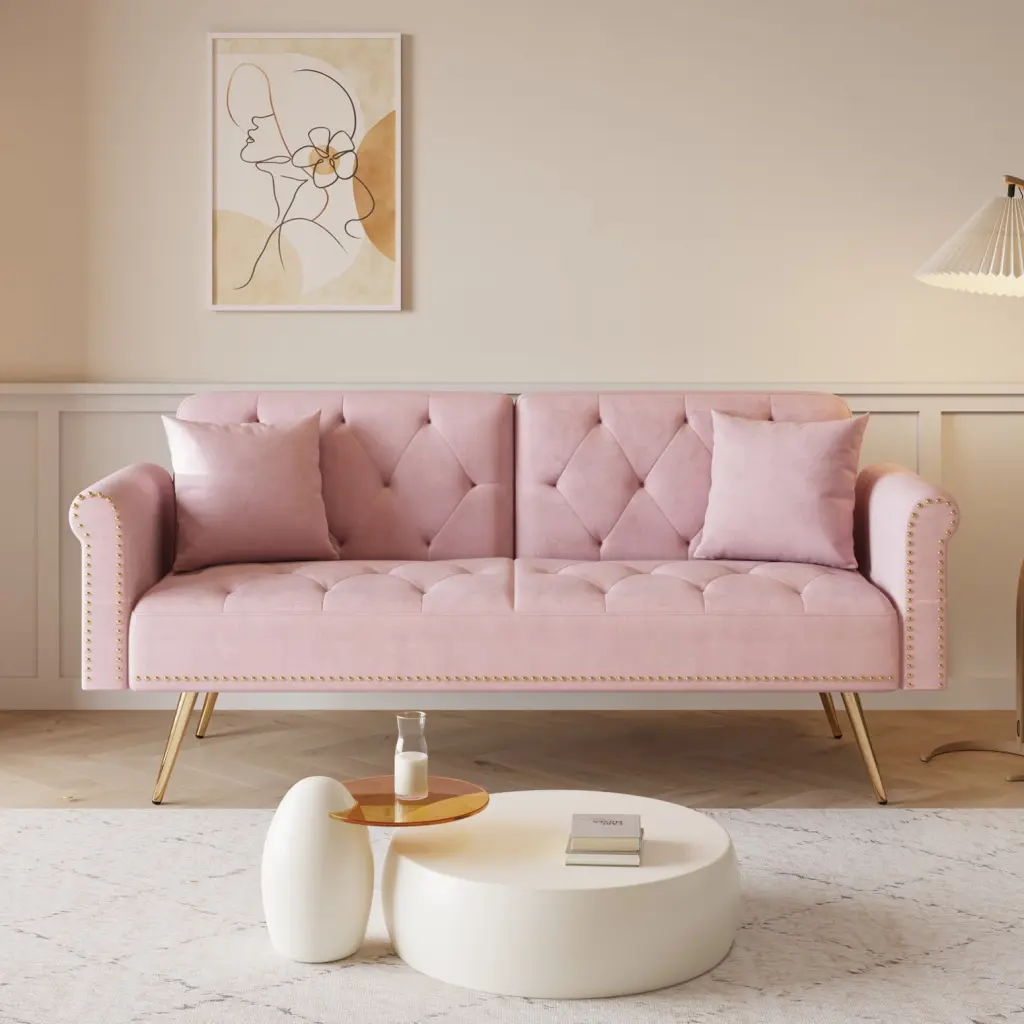 Elegant 69.7 Inch Pink Velvet Sofa Bed Nail Head Design and Throw Pillow Stylish Living Room Essential Gold Metal Legs Hom...