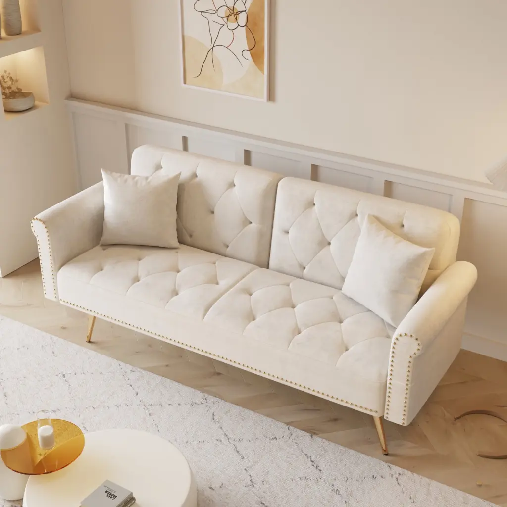 Luxurious 69.7 Inch Beige Velvet Sofa Bed Nail Head Design and Throw Pillow Elegant Living Room Guest Space Sofa Gold Meta...