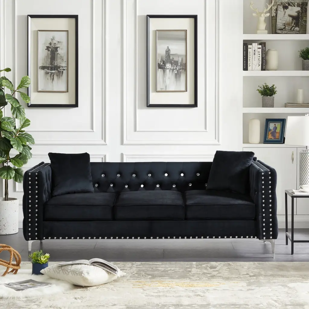 Modern 82.3 Black Velvet Sofa Jeweled Button Tufting and Square Arms Includes 2 Complementary Pillows HATNOKIL