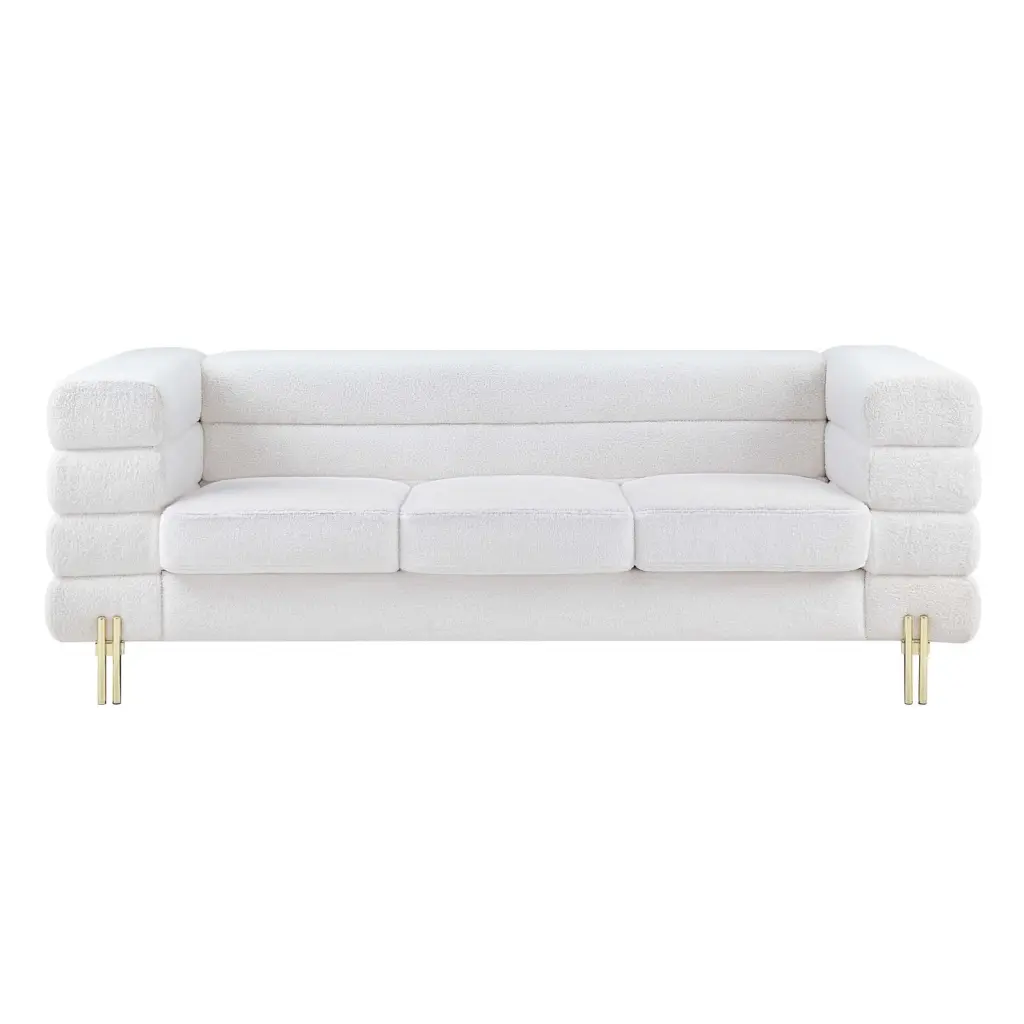 Miekor Furniture White Velvet Sofa Solid Wood Structure and Gold Legs