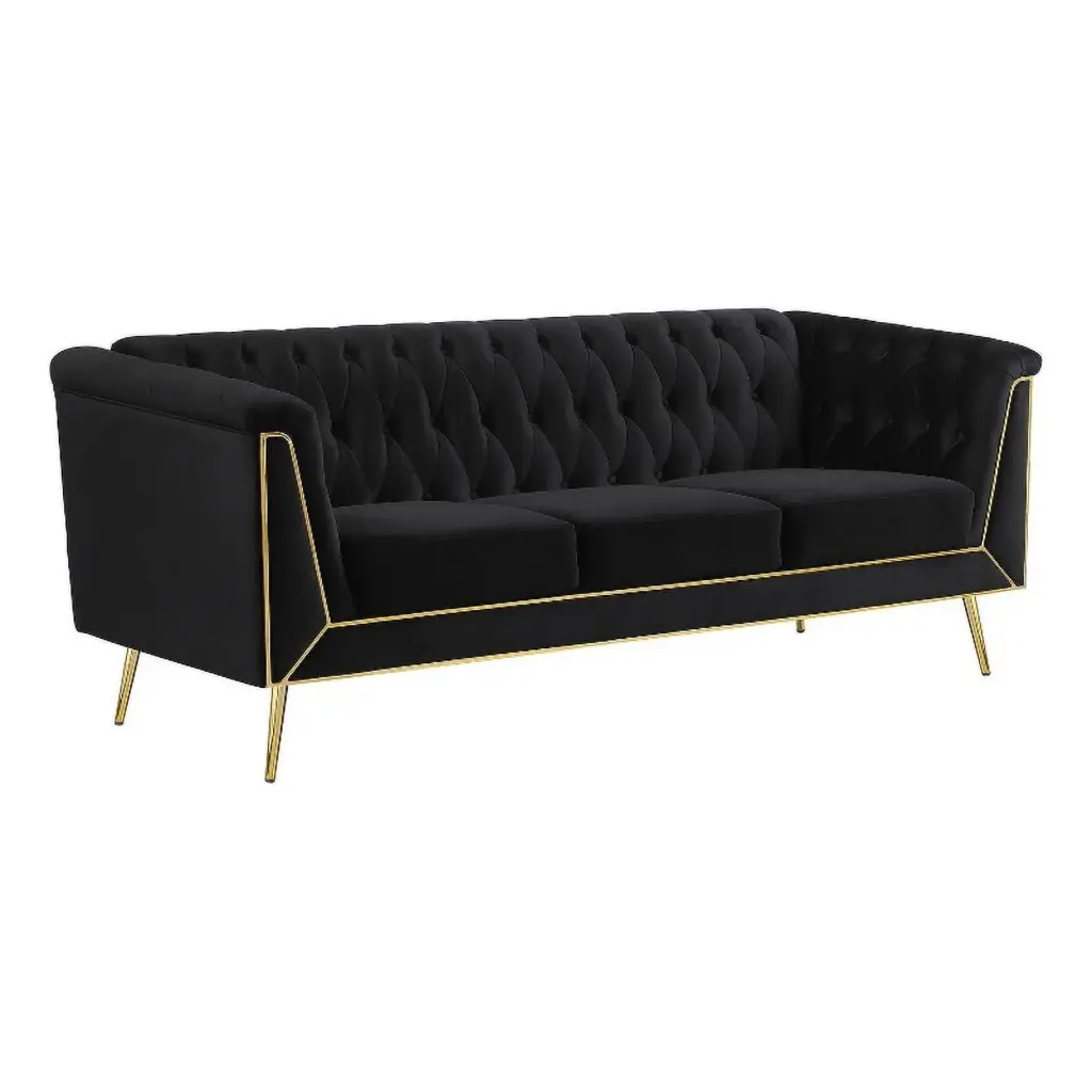 Pemberly Row Black Velvet Upholstered Tuxedo Arm Tufted Back Sofa Elegant Living Room