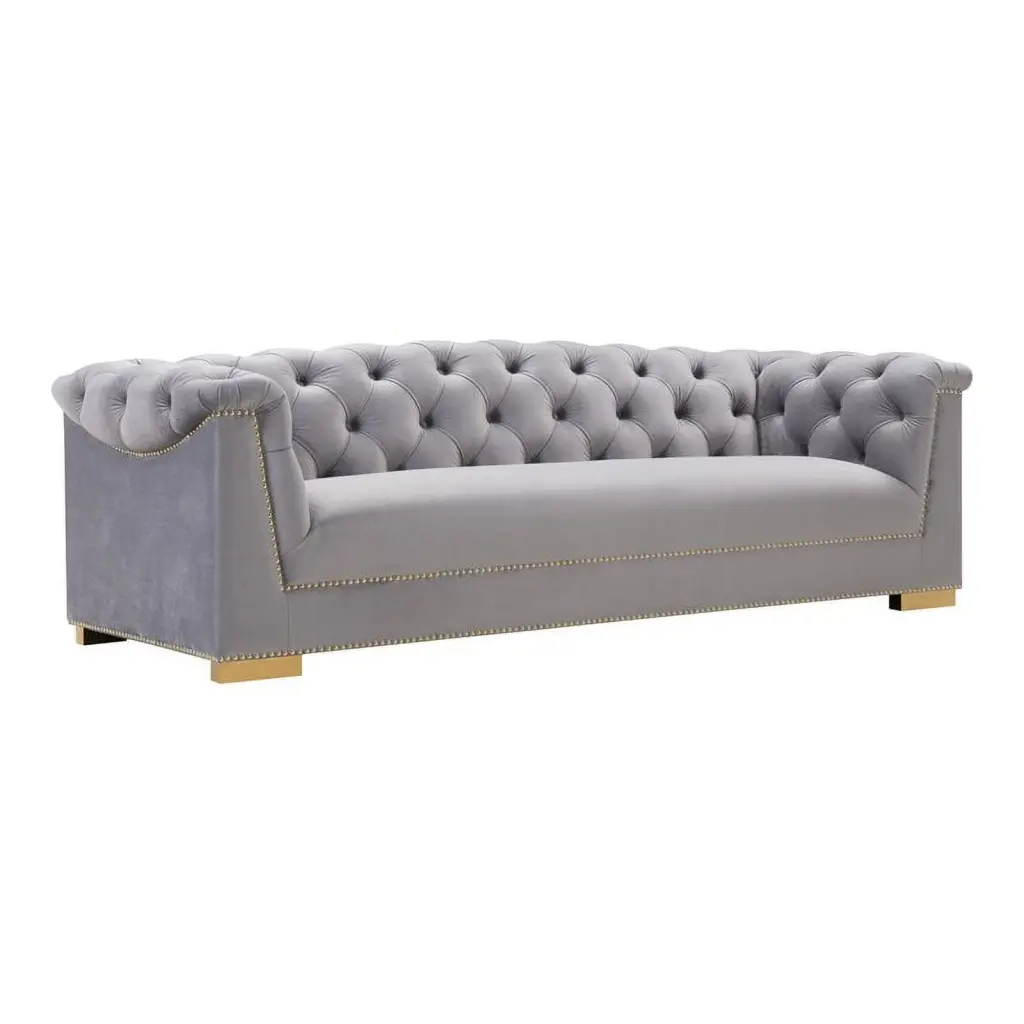 Pemberly Row Gray Gold Velvet Upholstered Sofa Modern Sumptuous Design