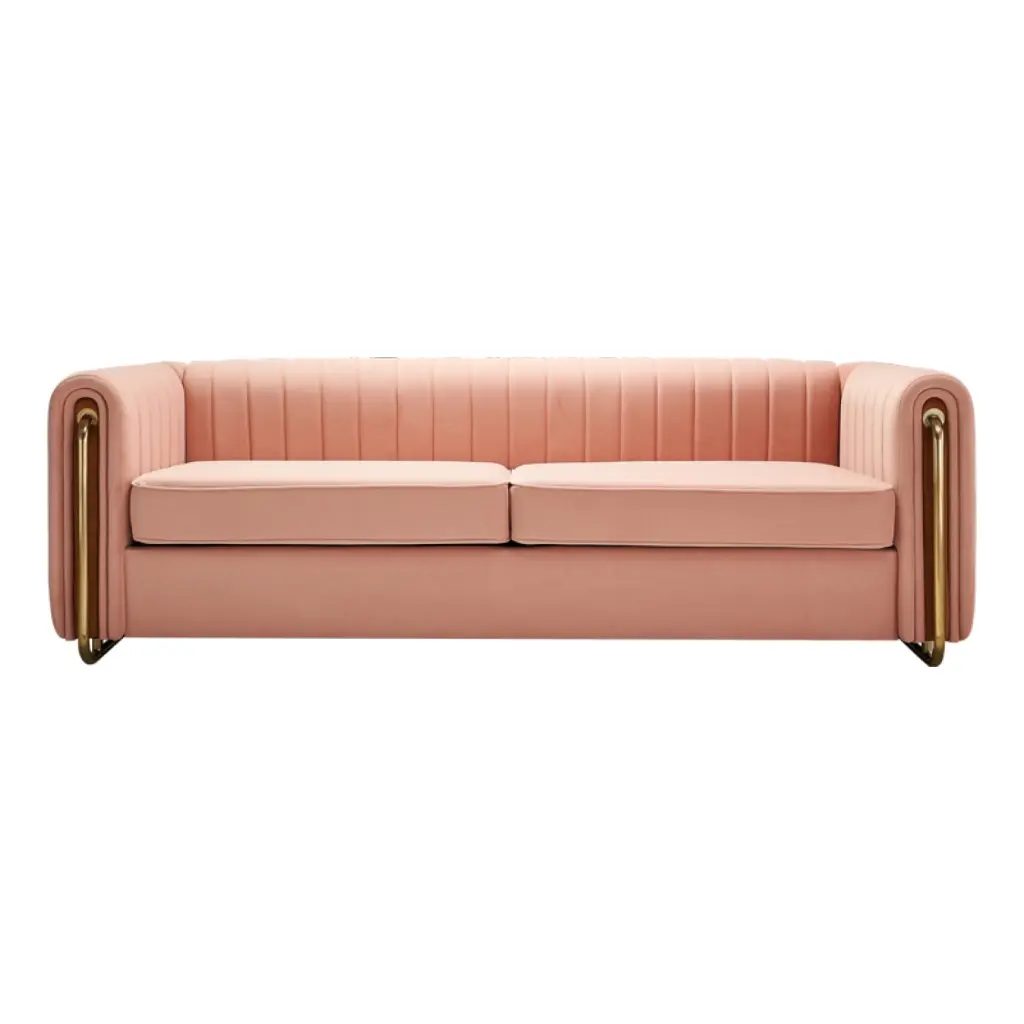 Luxurious Pink Velvet Sofa 84.25 Inch Gold Legs and Rolled Arms Ponnky