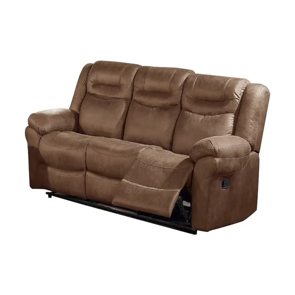 Benjara Betty 86 Inch Manual Reclining Sofa Pull Tab Footrest Mechanism Brown