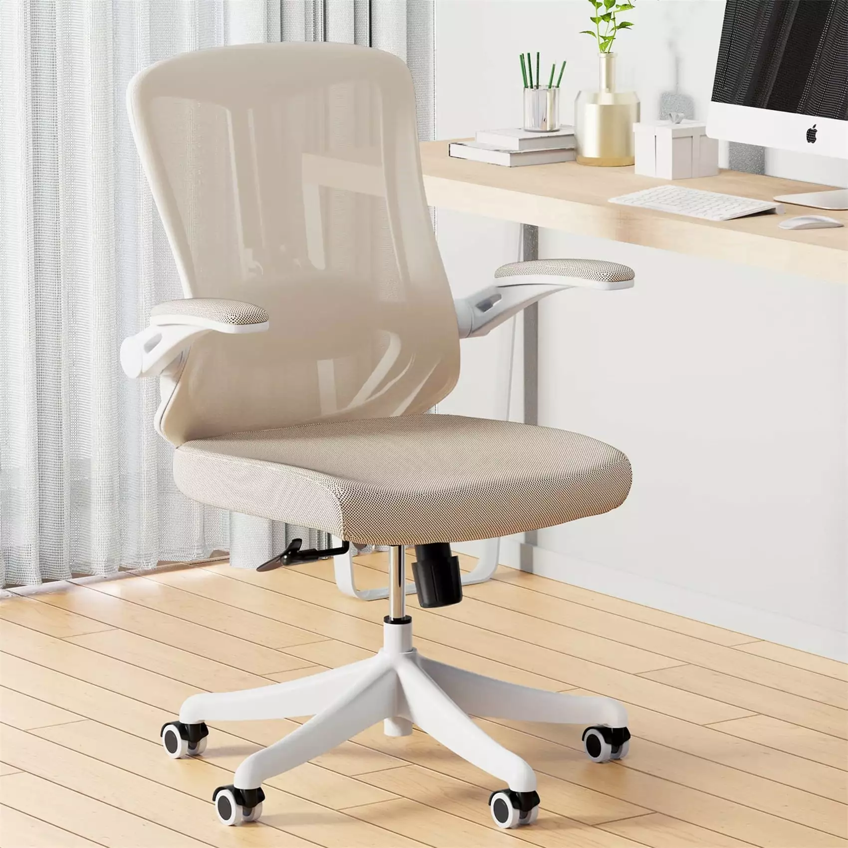 Breathable Mid-Back Mesh Office Chair PU Silent Wheels, Flip-up Armrests, and Lumbar Support Khaki and White Monhey