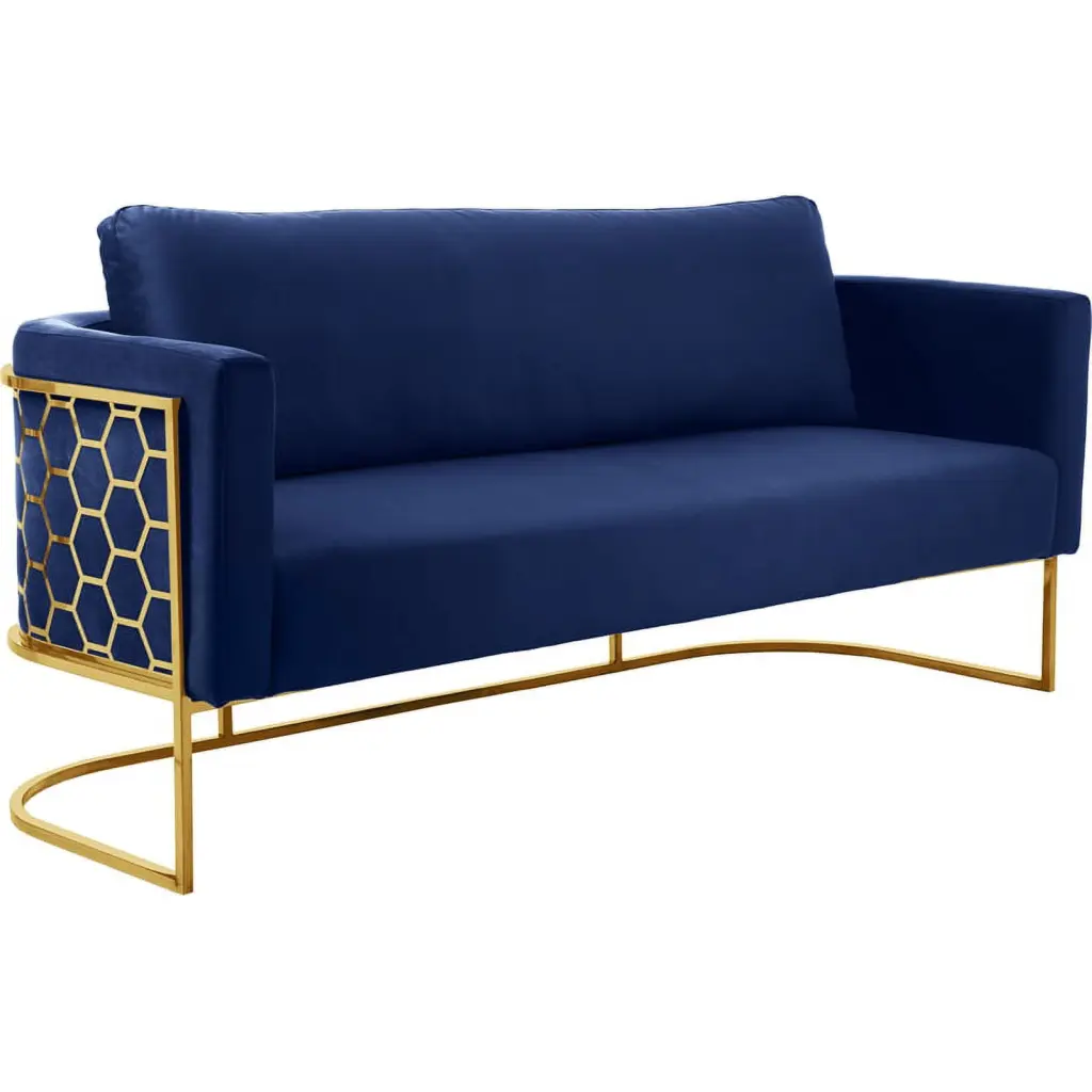 Meridian Furniture Casa Navy Velvet Sofa Gold Iron Metal Base Luxury