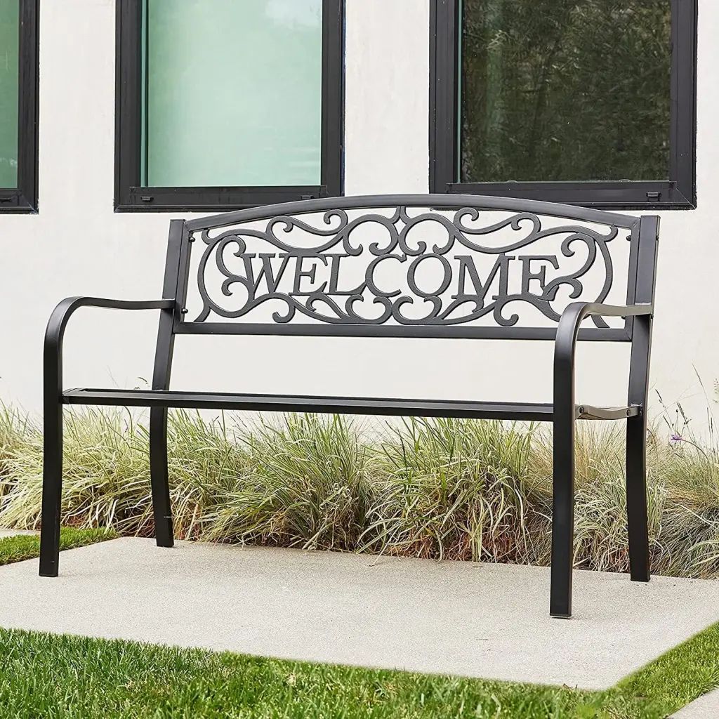 HONGDONG 50 Inch Outdoor Cast Iron Metal Loveseat Garden Bench Armrests Black
