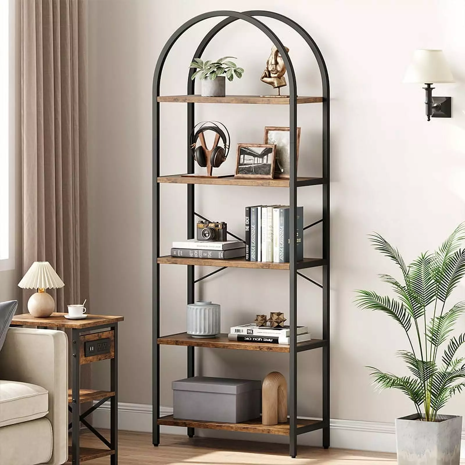 Whizmax 70.87in Tall 5 Tier Arched Bookshelf Modern Metal Shelf Living Room