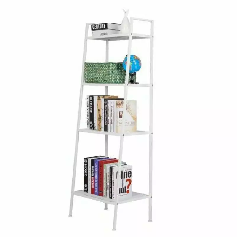 4 Tier Metal Ladder Shelf Bookcase Leaning Storage Rack White Small Spaces Happygo
