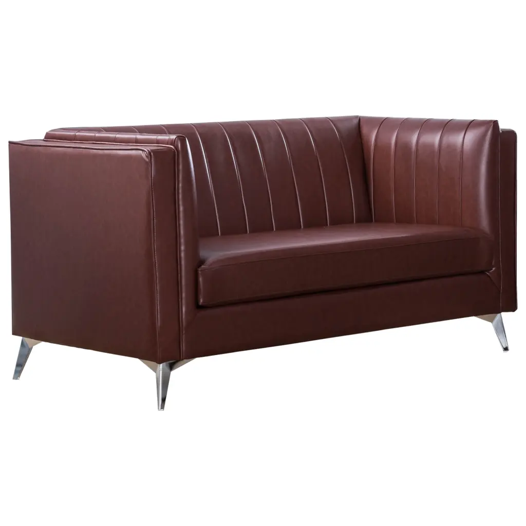 Microfiber Loveseat Vertical Pleated Design and Metal Legs - Brown Modern Sofa Benjara