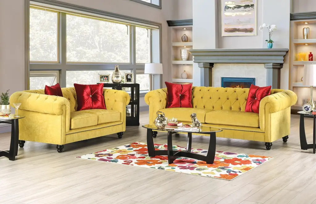 Glam Royal Yellow Red Microfiber Sofa and Loveseat FOA Eliza Modern Living Room Furniture of America