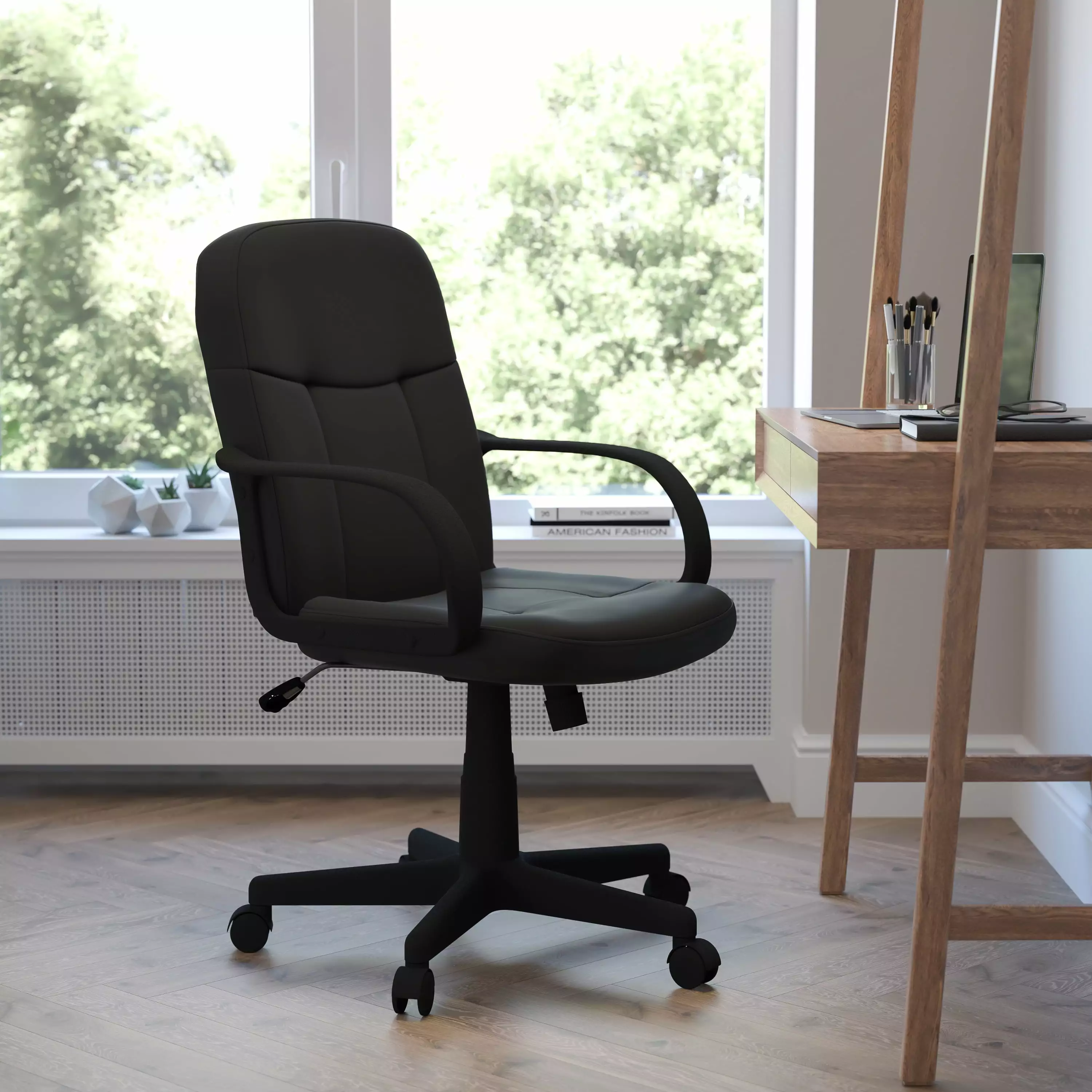 Emma + Oliver Mid-Back Black Glove Vinyl Executive Swivel Office Chair Arms