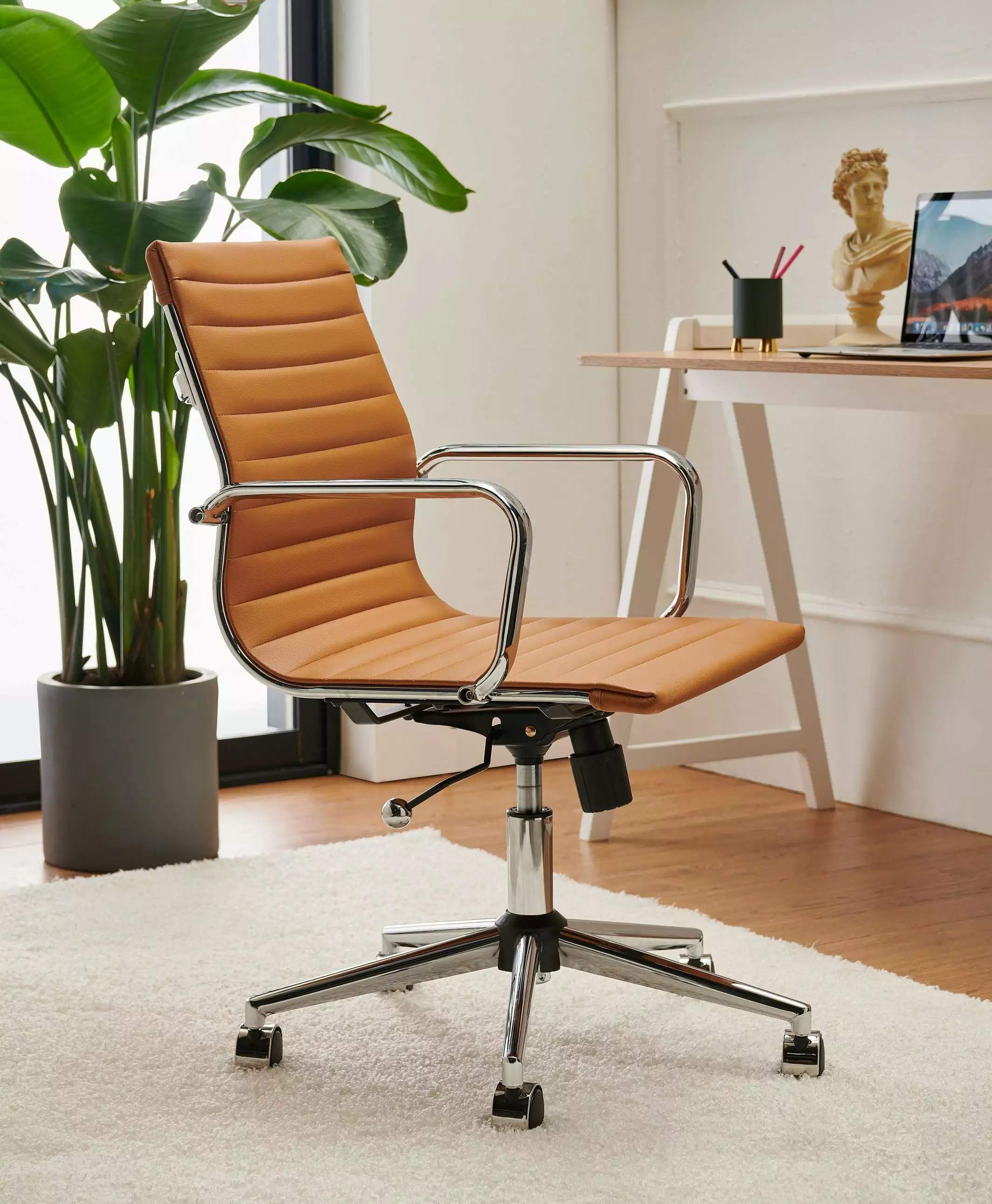 LUXMOD Mid Back Office Chair Armrest Terracotta Adjustable Swivel Chair Durable Vegan Leather Ergonomic Desk Chair
