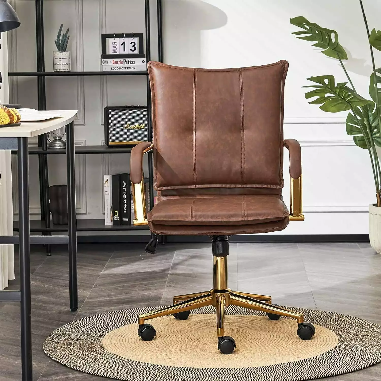 Mid-Back Ergonomic Leather Office Desk Chair - Modern Upholstered Computer Chair Gold Base WRP
