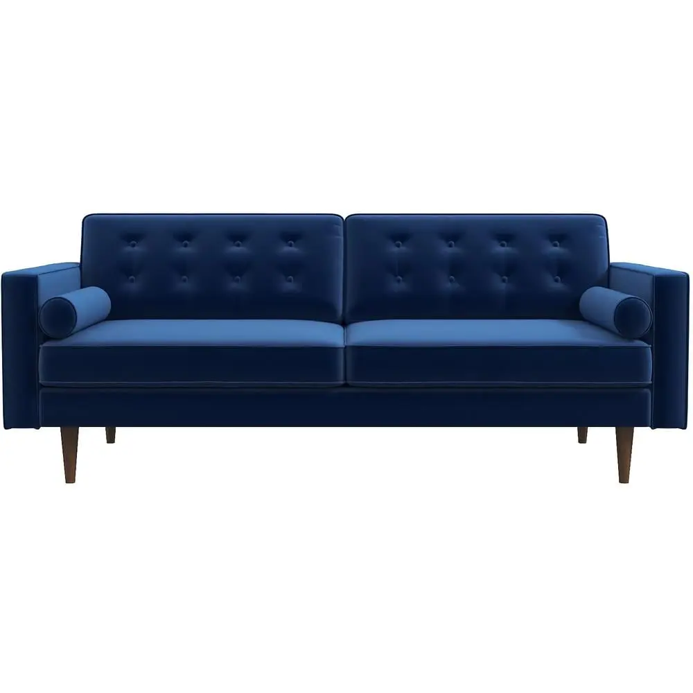 Cesena Mid-Century Blue Velvet Upholstered Loveseat Pillow Back Ashcroft