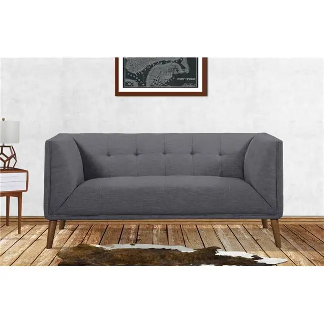 Hudson Mid-Century Button-Tufted Loveseat Dark Gray Linen Walnut Legs SeatSolutions