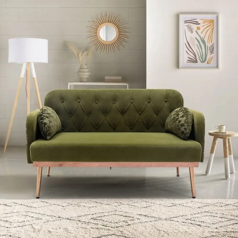 Twin Accent Loveseat Sofa Mid Century Modern Velvet Sofa Pillows and Metal Feet Triple Tree