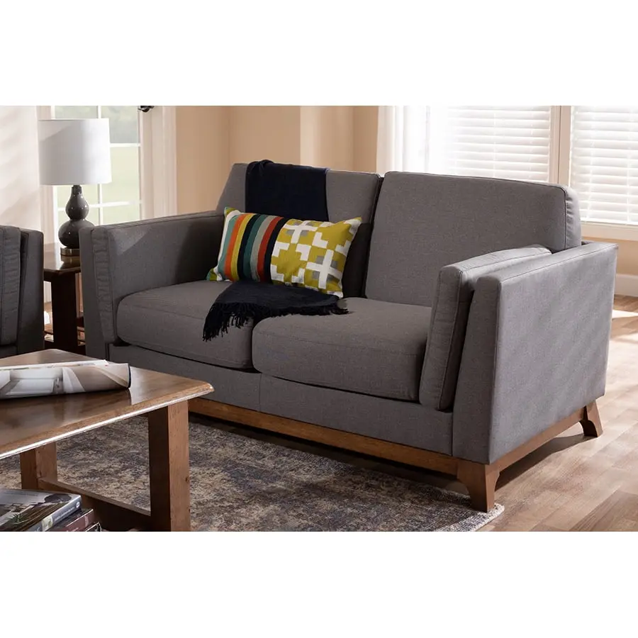 Baxton Studio Sava Mid-Century Modern Grey Fabric Upholstered Walnut Wood Loveseat Wholesale Interiors