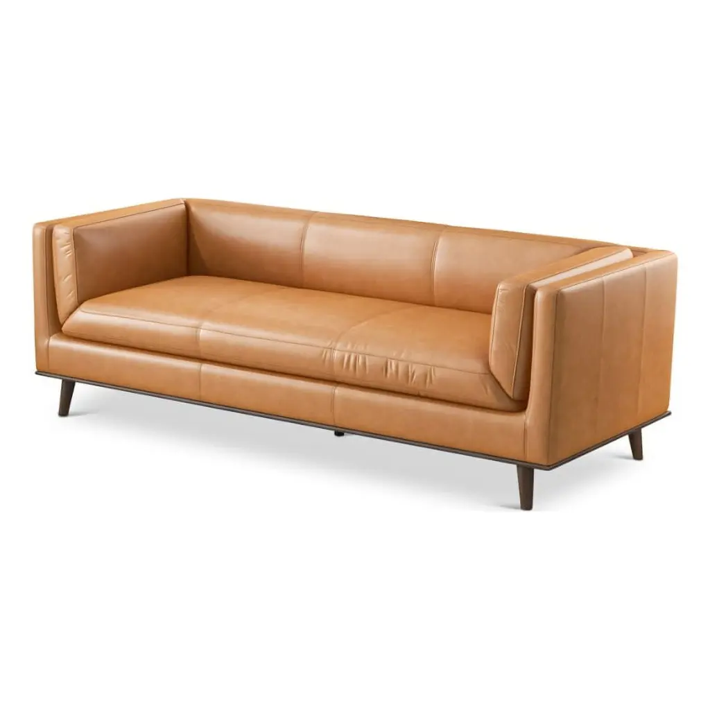 Dolomite Mid Century Modern Genuine Leather Sofa Cognac Tan - Stylish Living Room Sofa Ashcroft