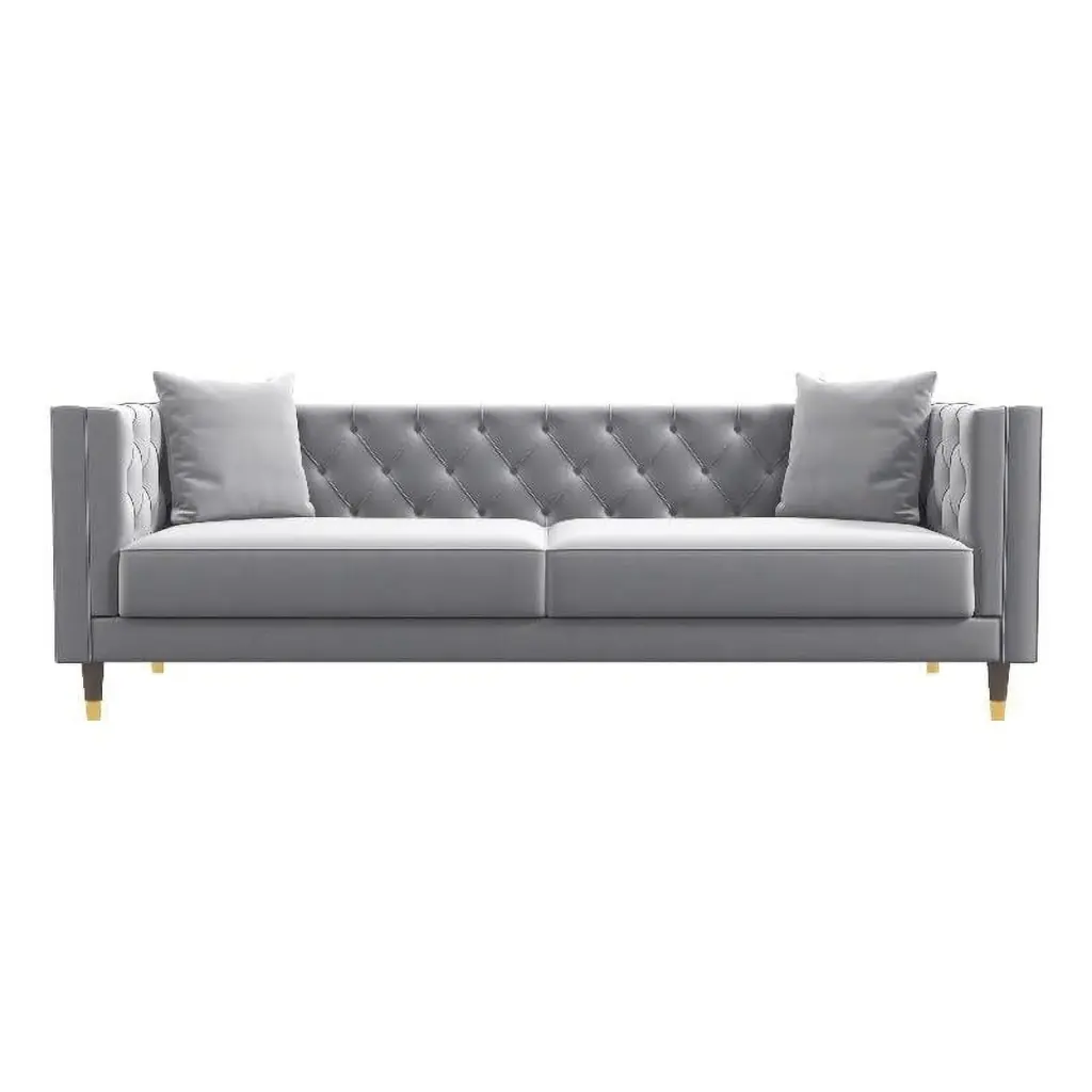Lana Mid Century Modern Living Room Tufted Light Gray Velvet Couch Ashcroft