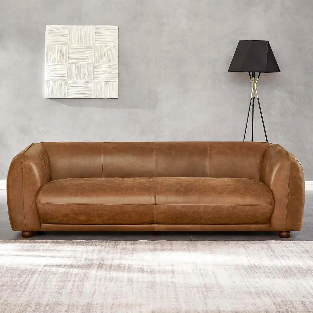 Maylo Mid Century Modern Luxury Italian Leather Couch Brown Tan - Stylish Living Room Sofa Ashcroft