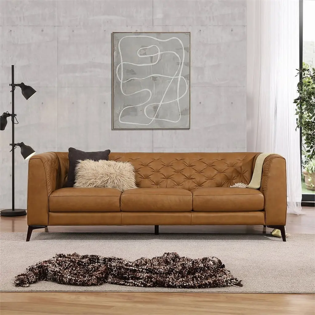 Omax Decor Havana 90 Mid Century Modern Tufted Genuine Leather Sofa Tan - Classic Sofa Design