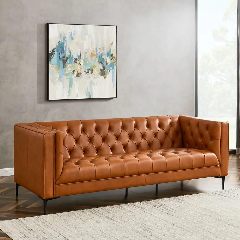 Clodine Mid Century Modern Tufted Leather Sofa Cognac Tan - Vintage Design Ashcroft