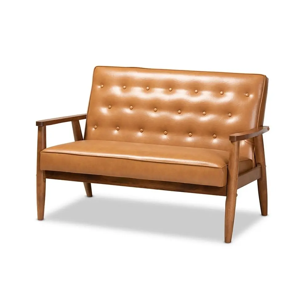 Sorrento Mid-Century Modern Tan Faux Leather Upholstered and Walnut Brown Finished Wood Loveseat Baxton Studio
