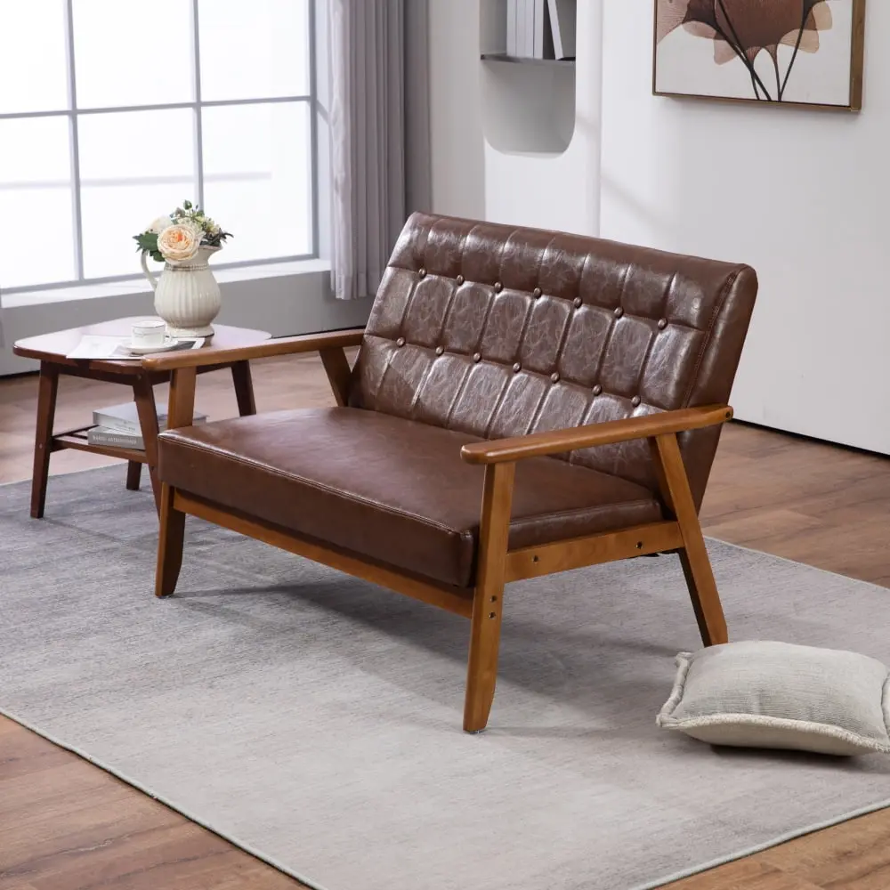 DeeHome COOLMORE Mid-Century Modern PU Leather Loveseat Sofa