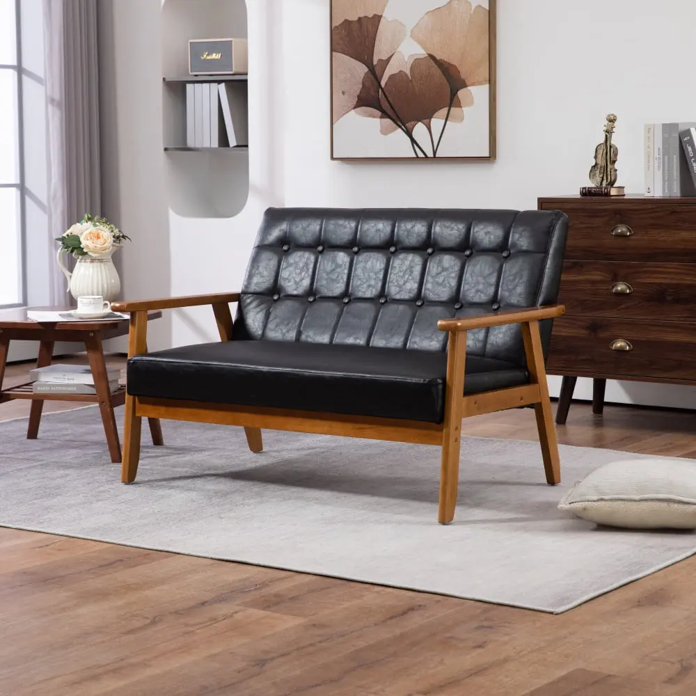 DeeHome COOLMORE Mid-Century Modern PU Leather Loveseat Sofa