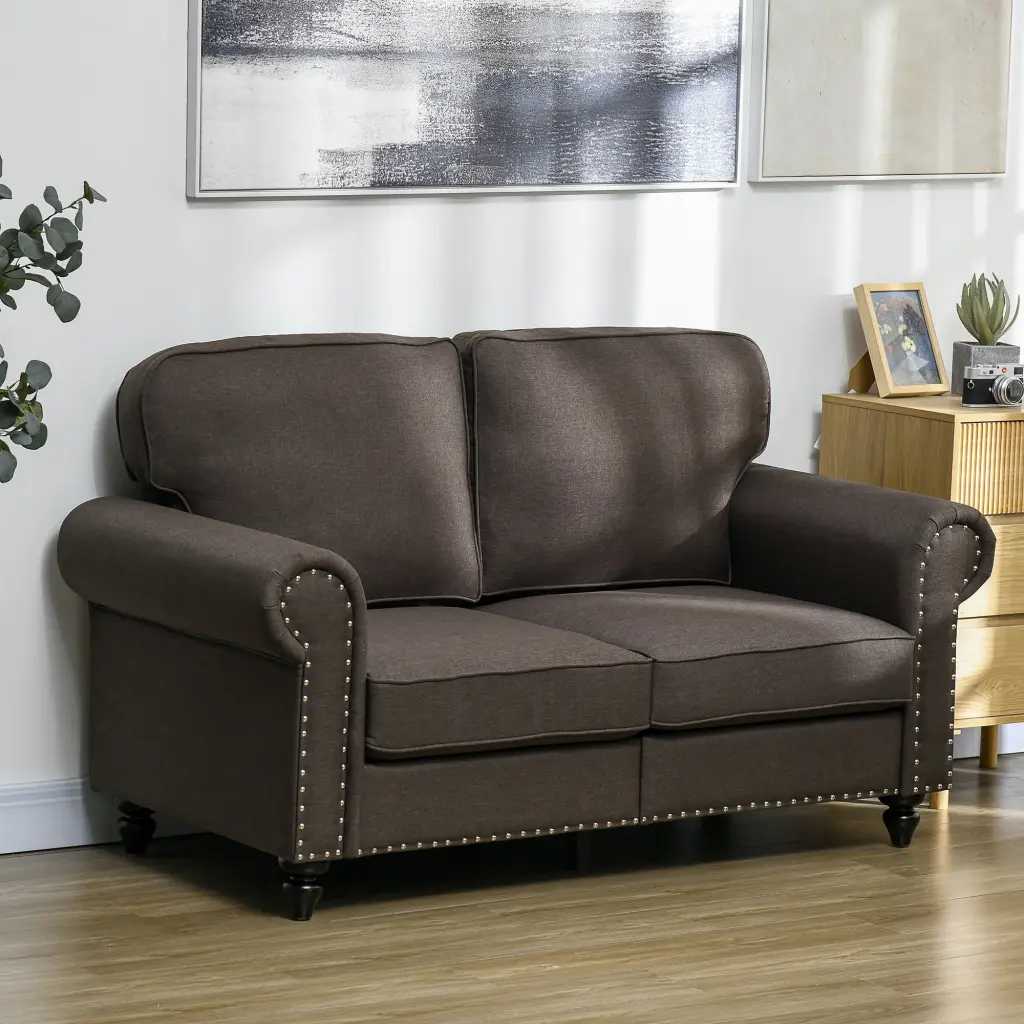 HOMCOM Mid Century Modern Loveseat Sofa Nailhead Trim Dark Brown