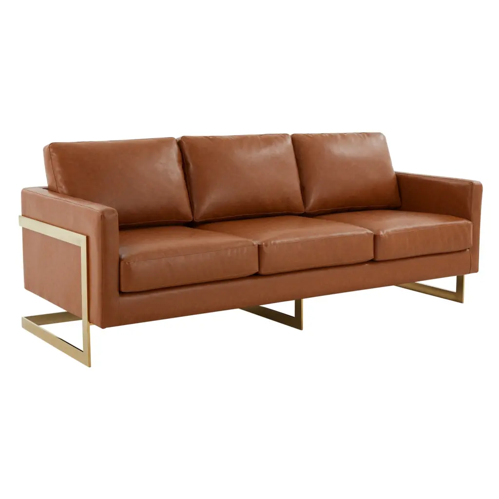 HomeStock Artisanal Modern Mid-Century Leather Sofa Gold Frame