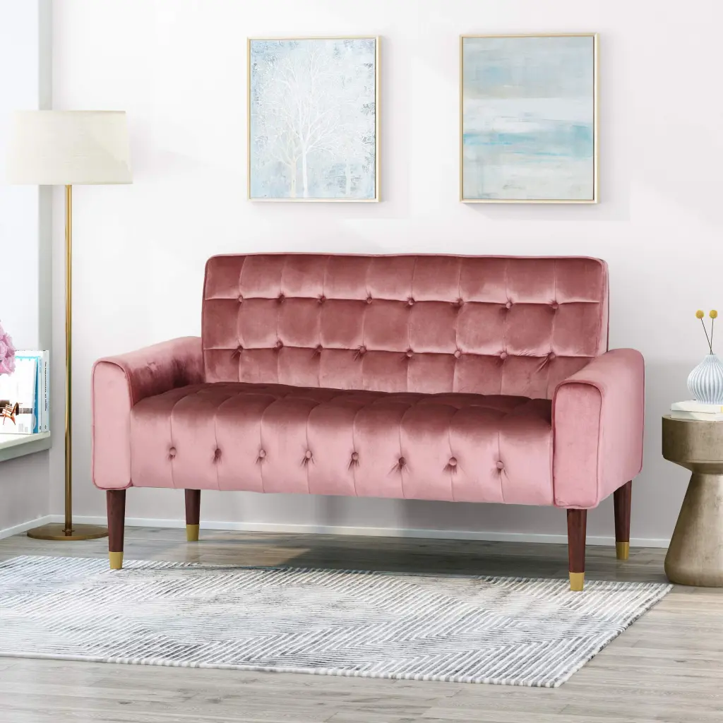 Mid-Century Modern Loveseat Velvet Upholstery and Wood Legs Lounge Space OMCCHK