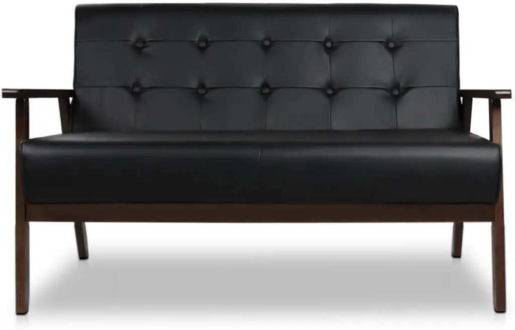 Mid-Century Modern Faux Leather Loveseat Sofa Wood Armchair WW