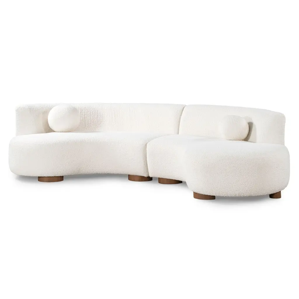 Pemberly Row Ivory Fabric Upholstery Sectional Sofa Retro Curves Mid-Century Design