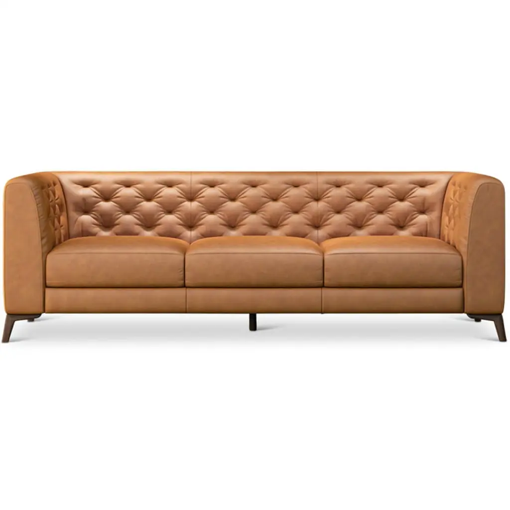 Falconetti Mid-Century Tufted Tight Back Genuine Leather Sofa Tan Ashcroft