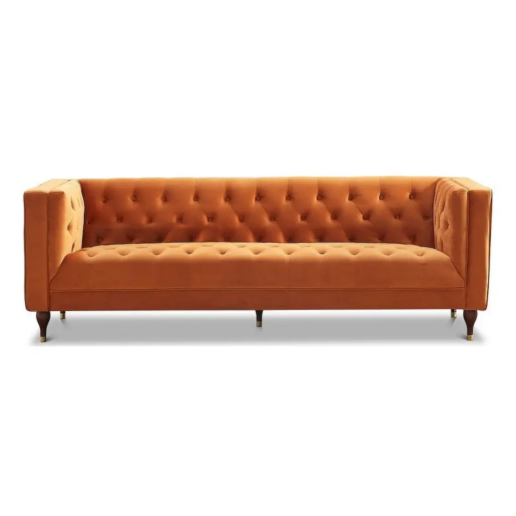 Galveston Mid-Century Orange Velvet Tufted Tight Back Upholstered Sofa Ashcroft