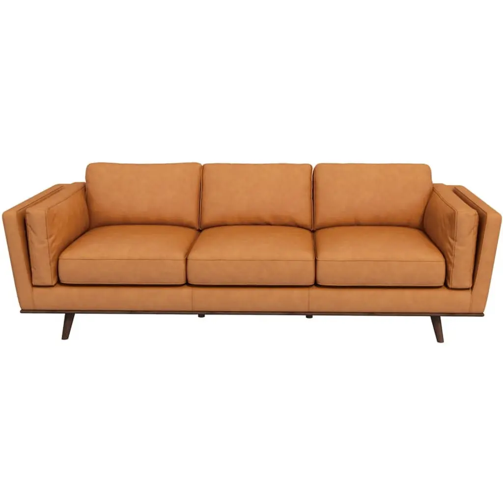 Sienna Mid-Century Cushion Back Genuine Leather Upholstered Sofa Tan - Retro Living Room Sofa Ashcroft