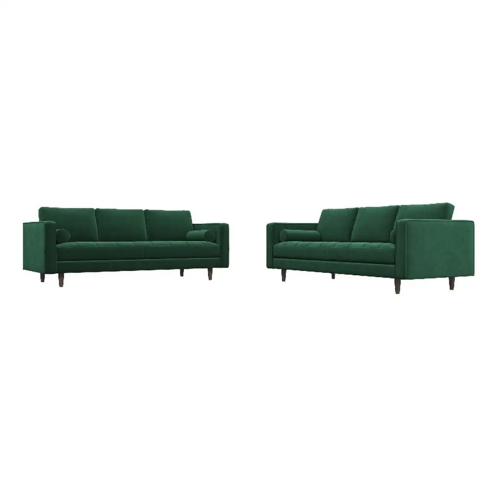 Tahir Mid-Century Pillow Back Velvet Sofa Set Green Ashcroft