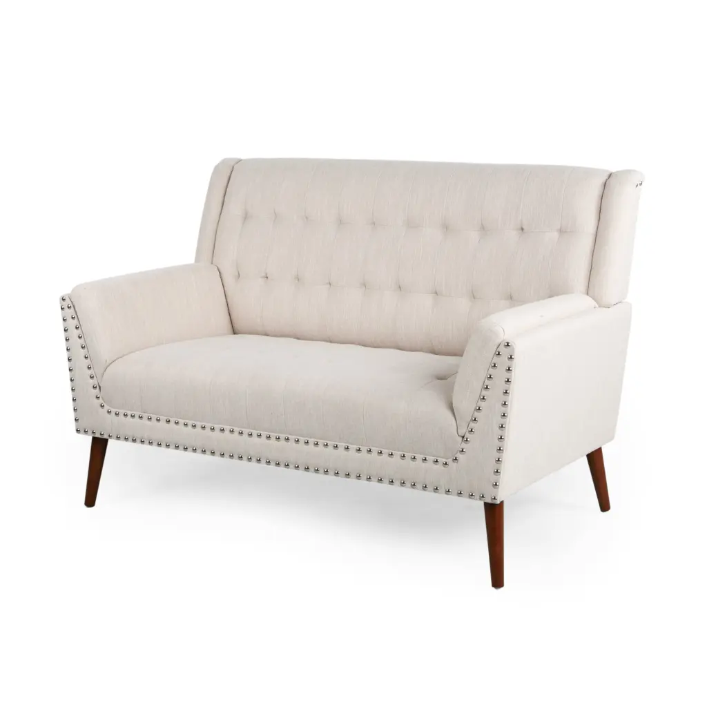 Marla Mid-Century Modern High Back Fabric Settee Nailhead Trim Beige GDFSTUDIO