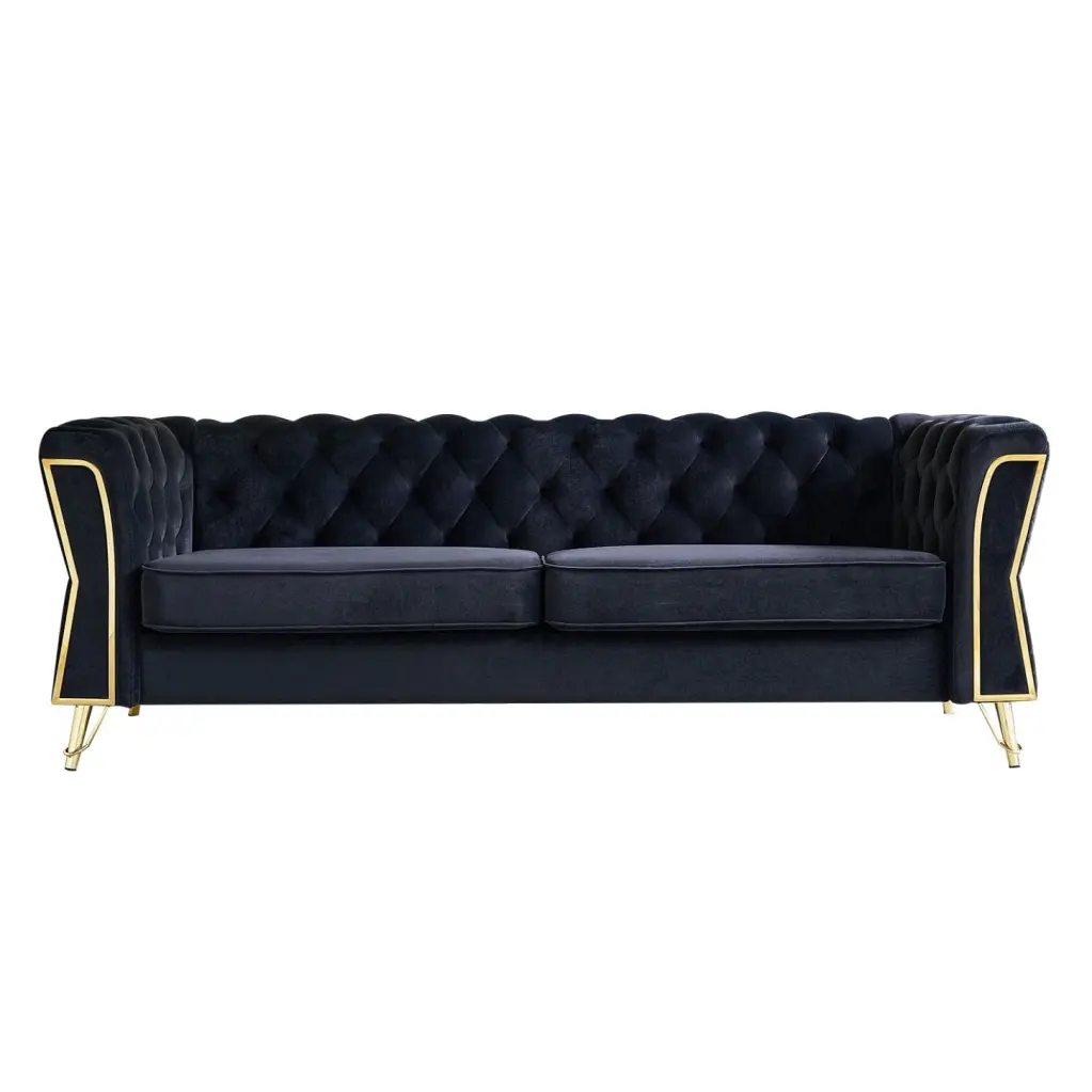 Elegant 87.4 Inch Black Tufted Velvet Sofa Mid-century Gold Accents HATNOKIL