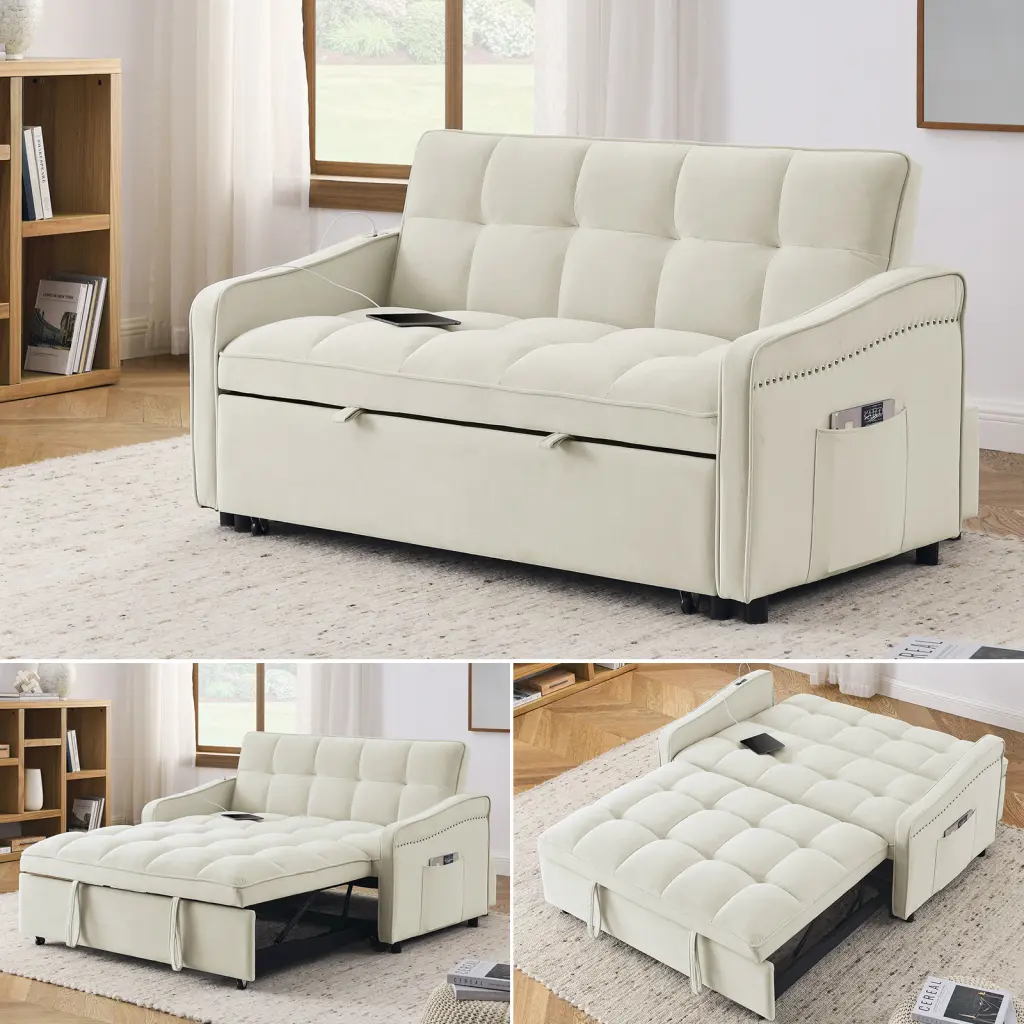 Mid-Century Beige Velvet Loveseat Sofa Bed USB Charging Ports & Copper Nail Trim HOMXIAOWO