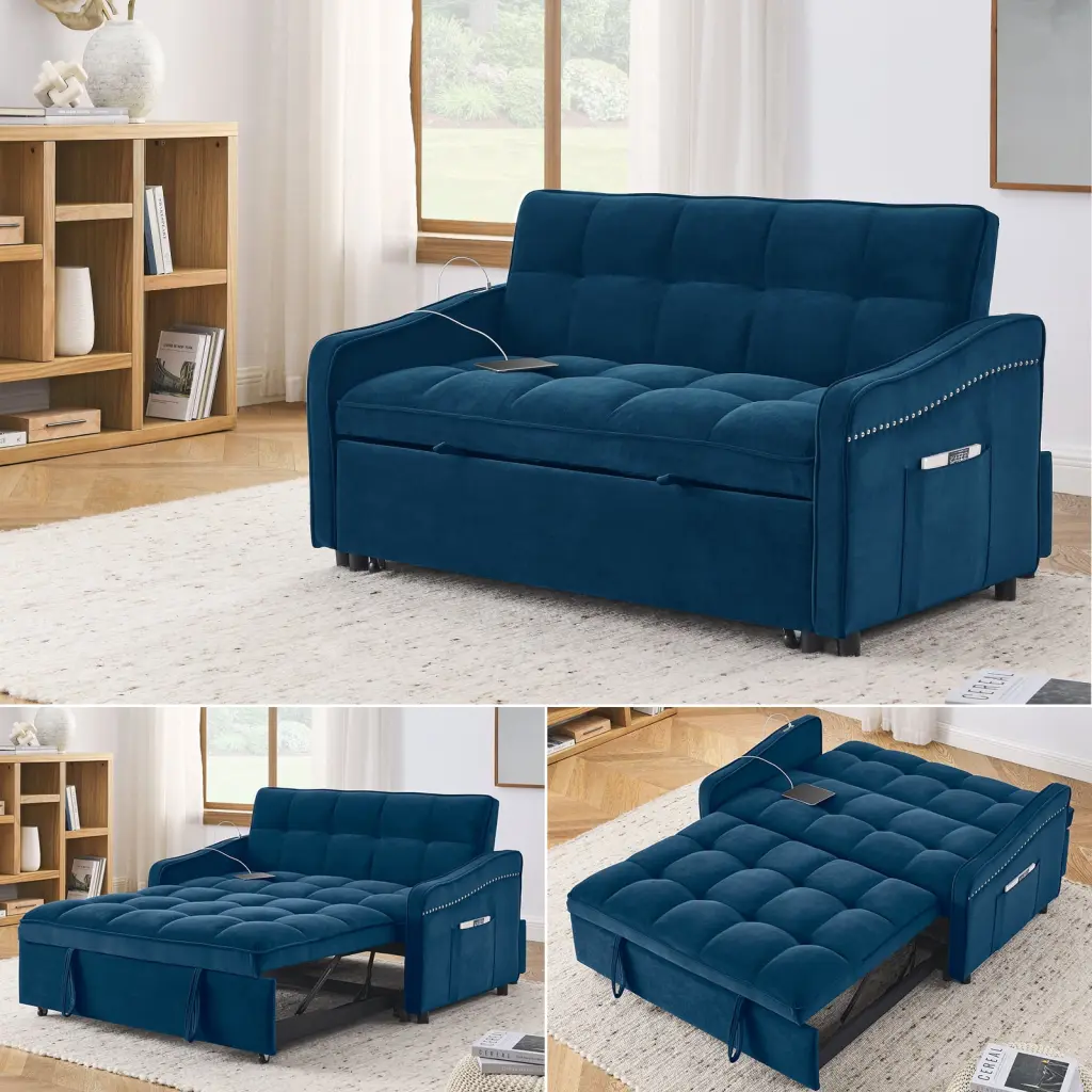 Mid-Century Blue Velvet Loveseat Sofa Bed USB Charging Ports & Copper Nail Trim HOMXIAOWO