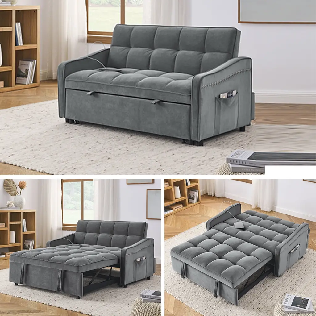 Mid-Century Grey Velvet Loveseat Sofa Bed USB Charging Ports & Copper Nail Trim HOMXIAOWO