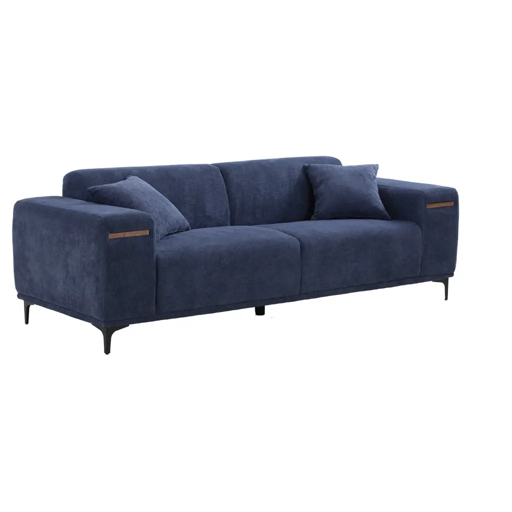 LANTRO JS 90 Mid-Century 3 Seater Sofa Walnut Pad Modern Fabric Upholstered Blue