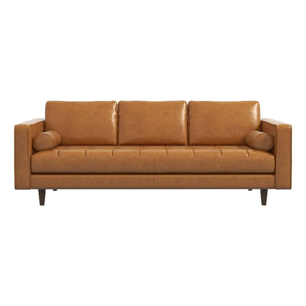 Pemberly Row Mid-Century Genuine Aniline Leather Pillow Back Sofa Tan