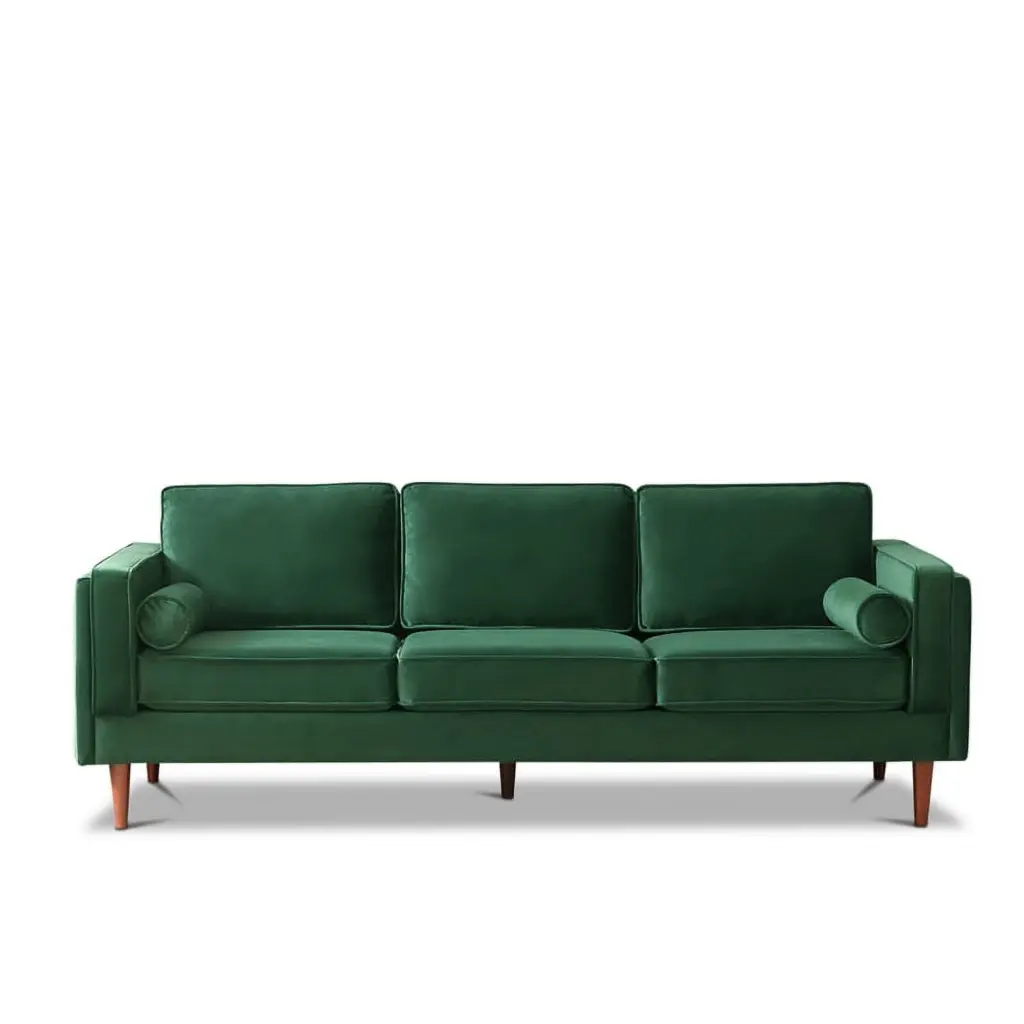 Pemberly Row Mid-Century Modern Green Velvet Pillow Back Sofa Retro Style