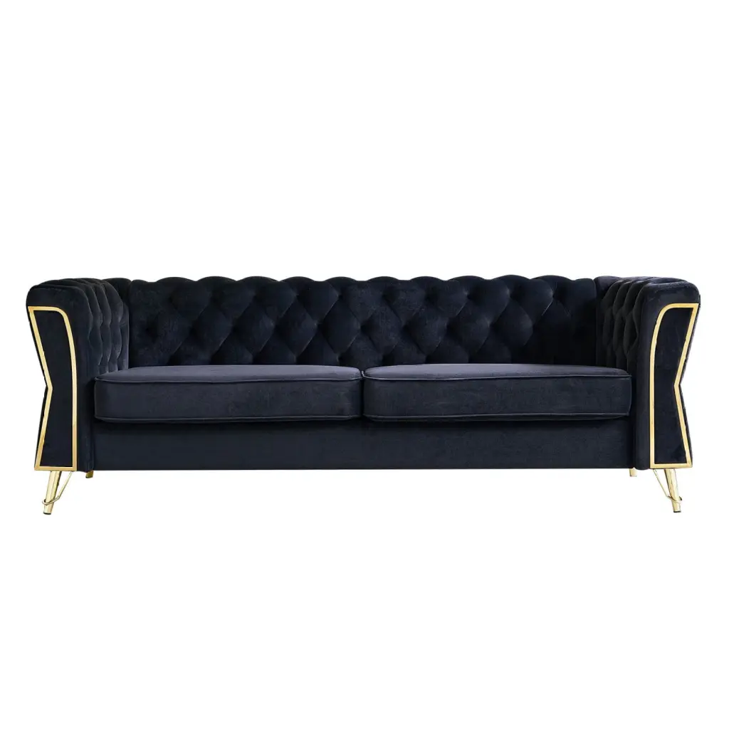 Elegant Black Tufted Velvet Sofa 87.4 Inch Modern Mid-century Design Deep Comfort Cushioning Gold Metal Accents Living Roo...